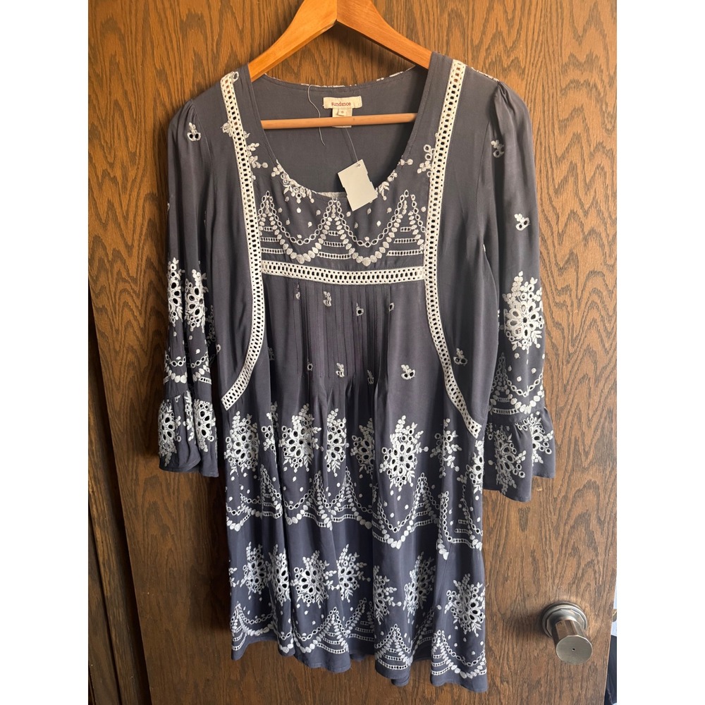 Sundance Gray Blue Eyelet Embroidered Boho Tunic Dress 3/4 Bell Sleeve Small